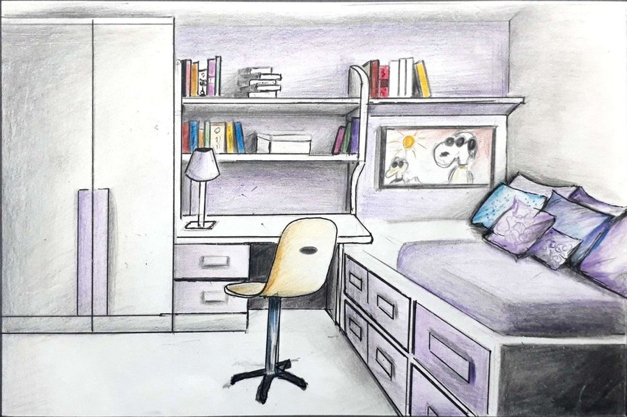 Interior design rendering of a bedroom, colored pencil