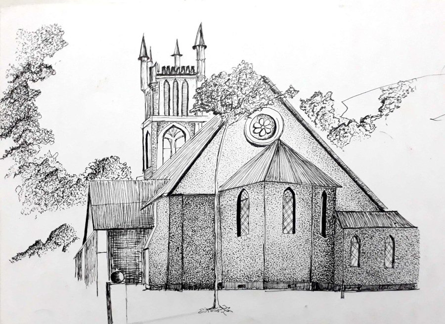 On-site architectural sketch of a church, ink drawing