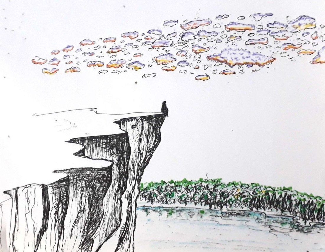 Ink and watercolor sketch, solitary figure on a cliff edge, by Ankit Goglani